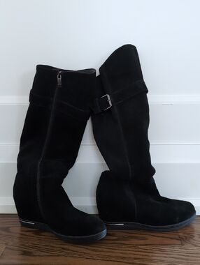 Women's Black Suede Wedge Knee Boots